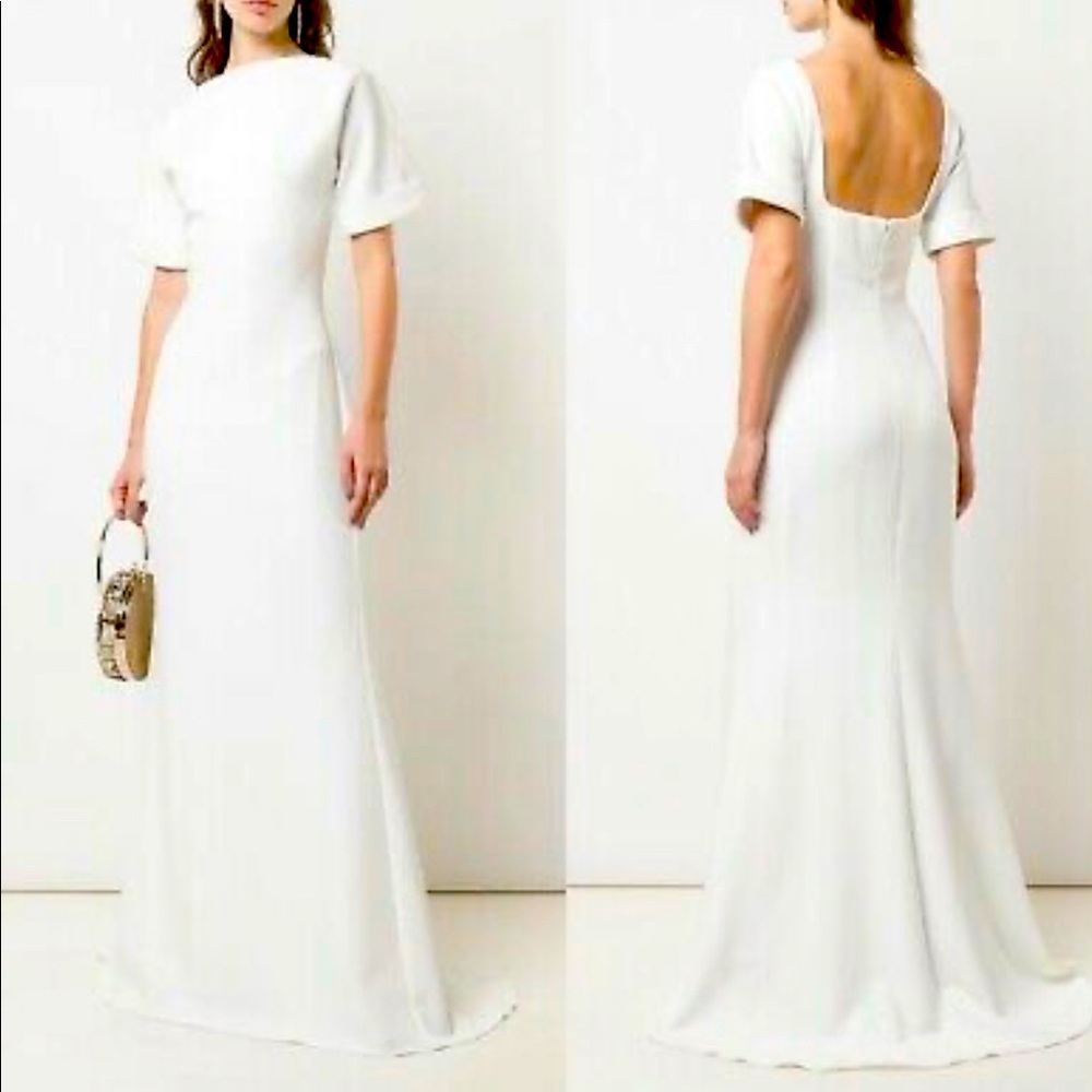 NWT: Badgley Mischka Open Back, Rolled Sleeve Ivory Gown